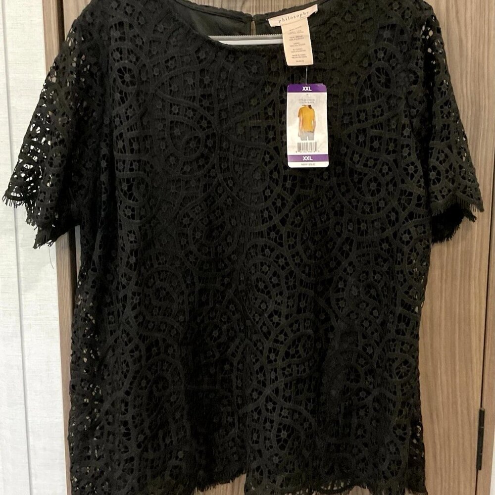 Philosophy Womens Lace Blouse XXL Short Sleeve Top Round Neck Black Lined NEW
